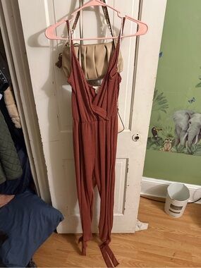 Sleeveless Ribbed Jumpsuit in Rust with Tie Waist